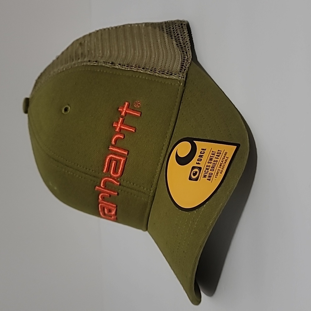 Carhartt Snapback Trucker Hat Olive Green with Hunter Orange Logo